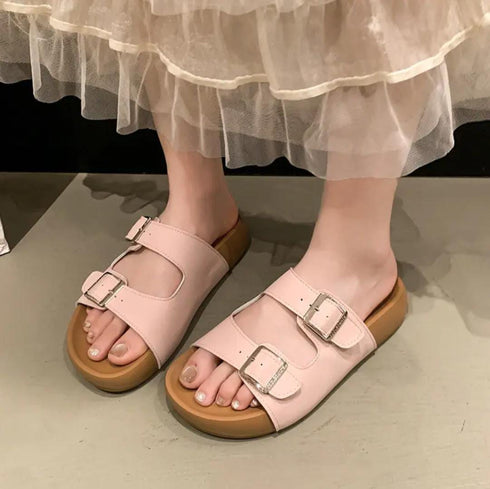 Double Buckle Open Toe Wedge  Slide On